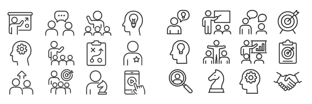 Diverse collection of line icons illustrating teamwork, strategy, leadership, and decision-making concepts in a professional setting