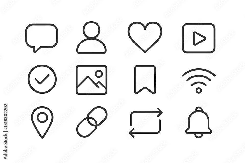 Poster user interface icons arranged in a grid showcasing various features and functionality for digital ap
