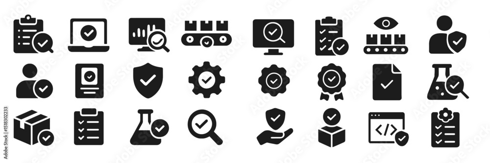 Poster Icons representing quality control processes in manufacturing and digital management in a modern setting