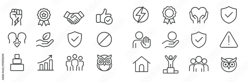 Poster Collection of minimalist line icons representing various concepts of community, support, and growth in a seamless layout