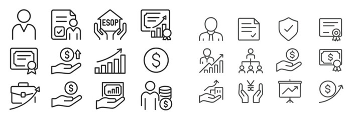 Icons representing team growth, finance, and employee stock ownership in a professional setting