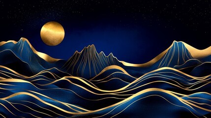 Golden Hues Over Midnight Mountains - Serene landscape, gold accents on dark blue mountains, full moon, starry night, symbolizing tranquility, wealth, mystery, dreams, and cosmic beauty