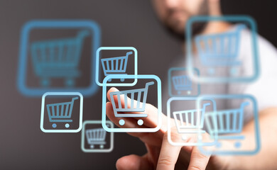 E-commerce, online retail, digital shopping, online store, buyer, customer, purchase, technology, interface,  shopping cart, hand, touchscreen