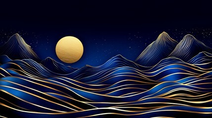 Golden Lines Blue Mountainscape - Abstract landscape art with blue mountains and golden lines, a large golden moon in a dark blue night sky. Elegant and serene