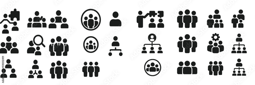 Poster vector icons representing various social interactions and organizational structures in black and whi