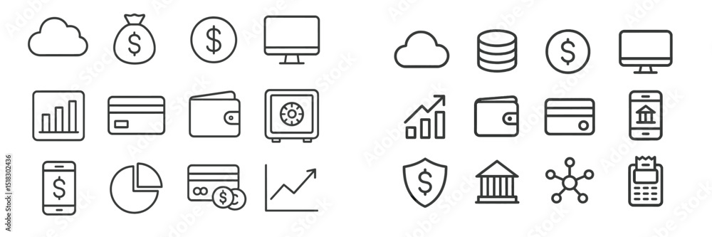 Poster financial icons collection showcasing various aspects of banking and investment in a minimalist styl