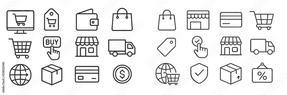 Poster shopping and e-commerce icons representing various retail activities and transactions in a digital a