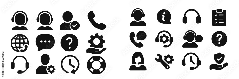 Poster support service icons representing communication tools, customer assistance, and troubleshooting con