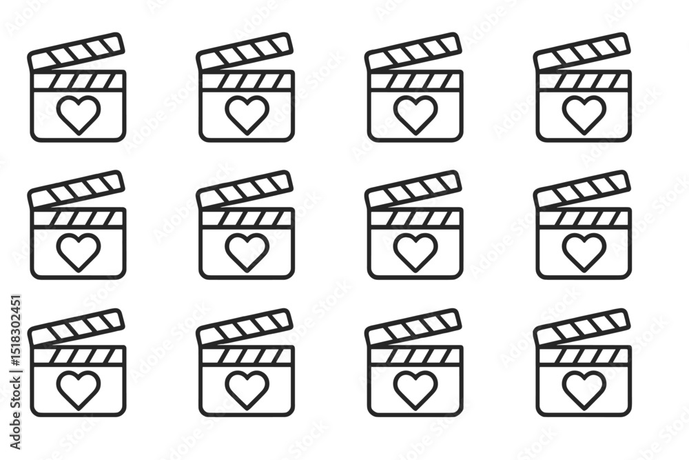 Poster film clapperboard icons with heart symbol arranged in a grid pattern on a white background for creat
