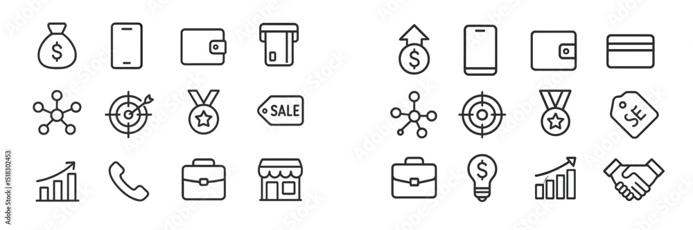 Poster collection of business and finance icons depicting various concepts and activities commonly associat