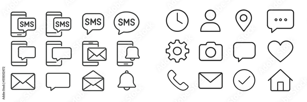 Poster collection of communication icons showcasing messaging, alerts, and notifications in a clear and mod
