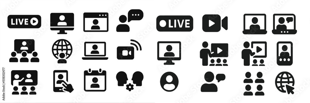 Poster collection of digital communication and online interaction icons in black and white on a clean backg