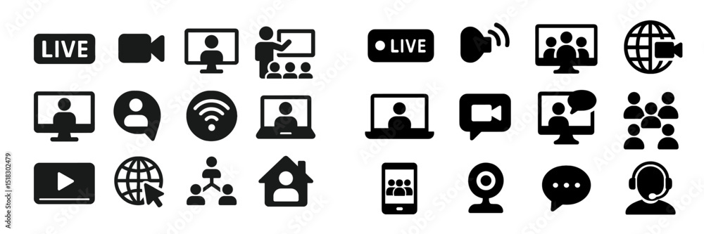 Poster Icons representing various aspects of online connectivity and virtual communication tools for remote interaction and learning
