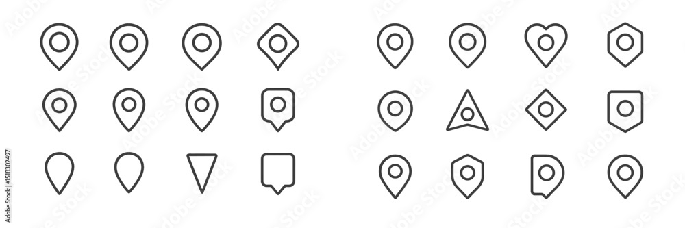 Aufkleber Collection of location markers in various shapes and designs for navigation and mapping purposes presented on a white background