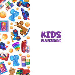 Fototapeta premium Background with toys. print design template for banners with different toys for kids playground