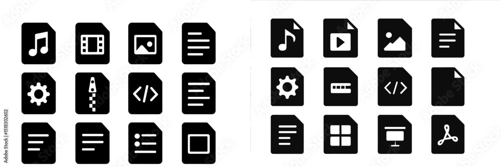Poster collection of modern media file icons arranged in a grid layout on a digital interface