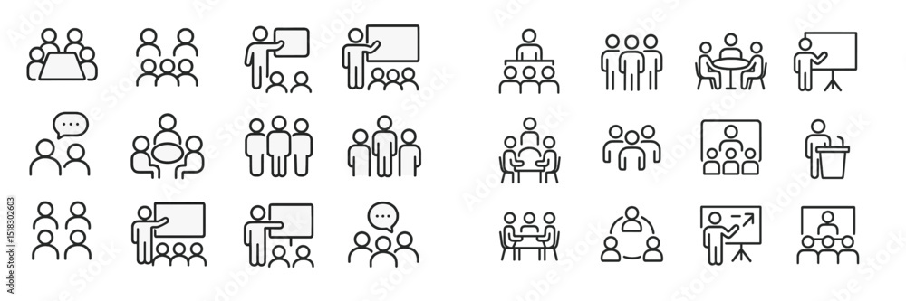 Poster Collection of simple line icons representing various group activities and presentations in professional settings