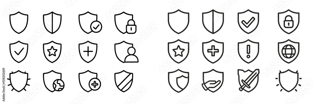Poster various shield icons representing security, protection, and digital safety features in a simple line