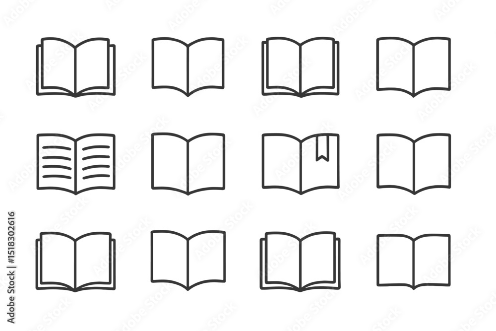 Aufkleber Different styles of open books and their designs arranged in a grid for educational or artistic purposes
