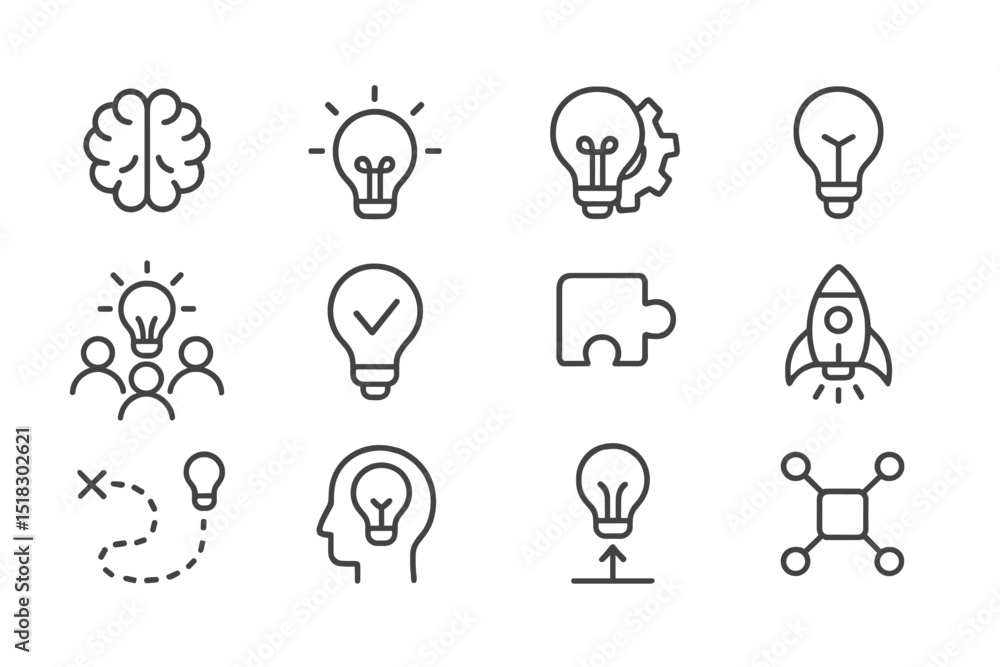 Poster Innovative design concepts featuring a collection of light bulb icons symbolizing creativity and problem-solving techniques