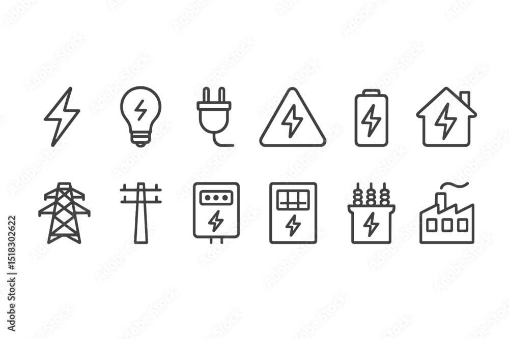 Poster Collection of electricity-related icons depicting various elements of power, energy, and infrastructure in a simple design