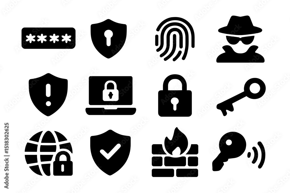 Poster security icons showcasing various elements of cybersecurity, personal protection, and data privacy c
