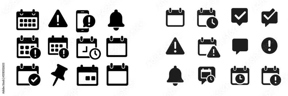 Aufkleber collection of black and white icons for scheduling, reminders, and alerts in a minimalist design sui