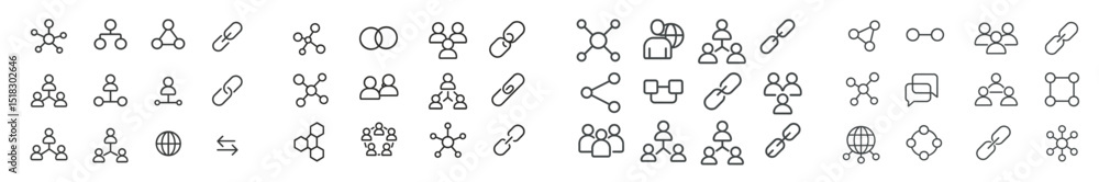 Poster collection of minimalistic icons representing social connections and networking elements in black an