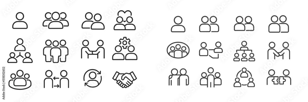 Aufkleber Collection of minimalist line icons representing various group dynamics and teamwork concepts in a professional setting