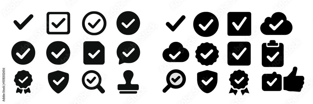 Poster collection of checkmark symbols and icons in various formats and styles on a plain background