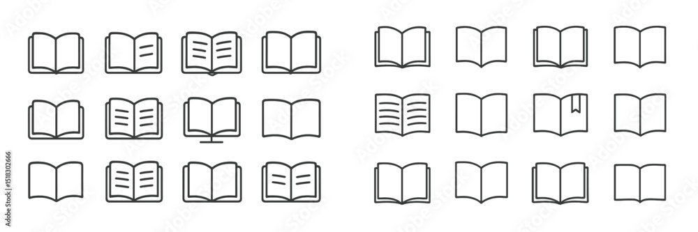 Poster various open book illustrations showcasing different styles and layouts suitable for educational or 