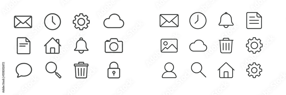 Aufkleber collection of various simple line icons representing communication and organization on a clean backg