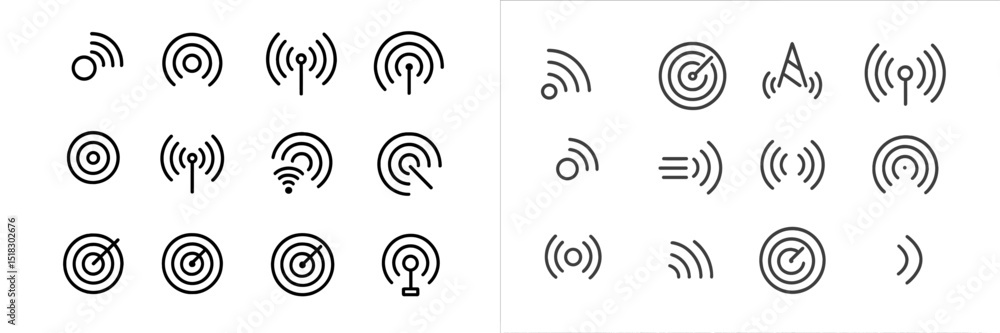 Poster various signal indicators and target icons arranged in a grid layout for communication and technolog