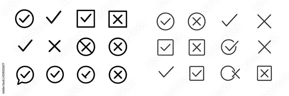 Poster Various check marks and cross symbols in different styles arranged in a grid demonstrating approval and disapproval concepts