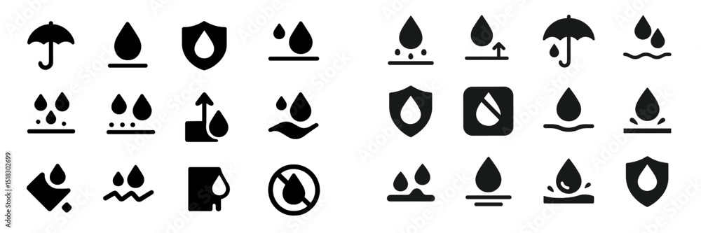Poster various water-related icons representing protection, weather, and usage displayed on a clean backgro