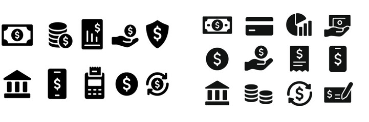 Discussion of financial transactions featuring various monetary symbols and banking icons