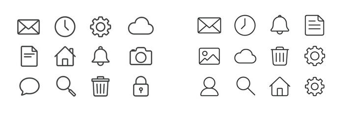 Collection of various simple line icons representing communication and organization on a clean background