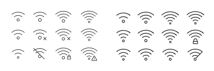 Different symbols representing Wi-Fi status and connectivity issues in a minimalist design layout