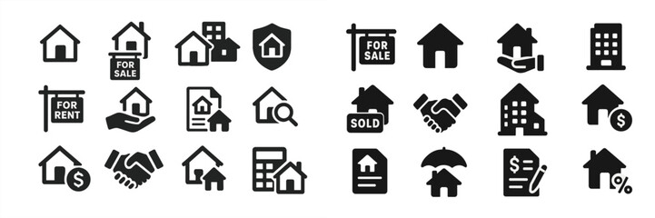 Collection of real estate icons representing sales, rentals, and property transactions for housing market applications