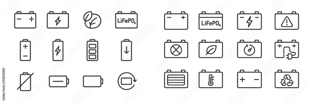 Poster Battery icons representing various types and functionalities including charging, usage, and recycling methods