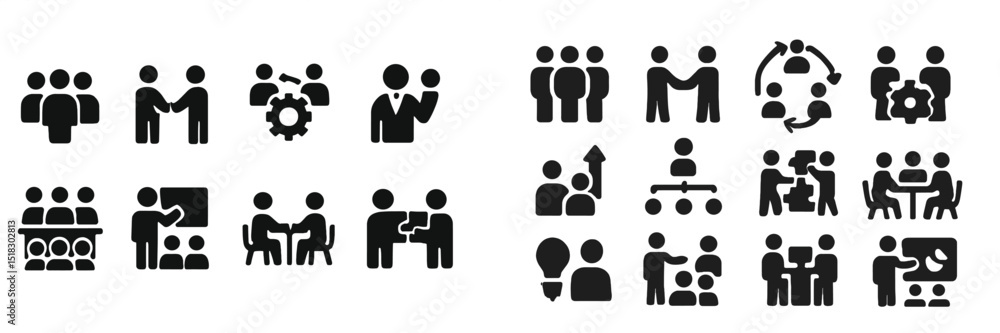 Poster collection of diverse business team icons representing various collaboration and communication activ
