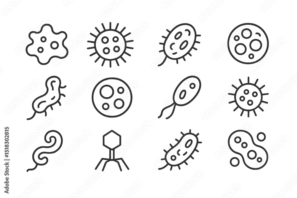 Aufkleber Various types of microorganisms illustrated in a minimalist style showcasing their unique shapes and structures