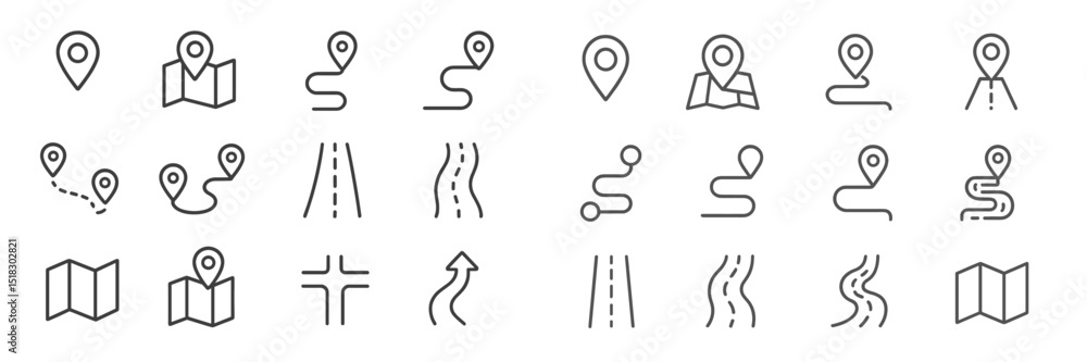 Aufkleber Icons depicting various navigation symbols used in maps and wayfinding signs for digital applications and user interfaces