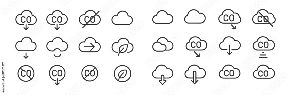 Poster different cloud icons representing various statuses related to carbon dioxide emissions reduction