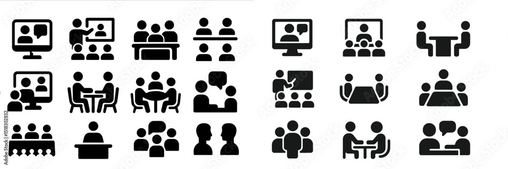 Poster Icons representing various online and in-person meeting formats with diverse groups engaging in collaborative activities