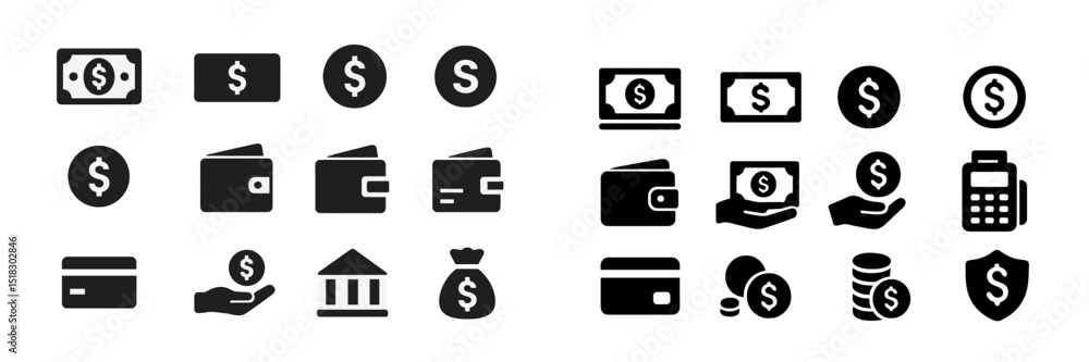 Poster Icons representing finance transactions and money management featuring wallets, banknotes, and payment methods in a modern design style