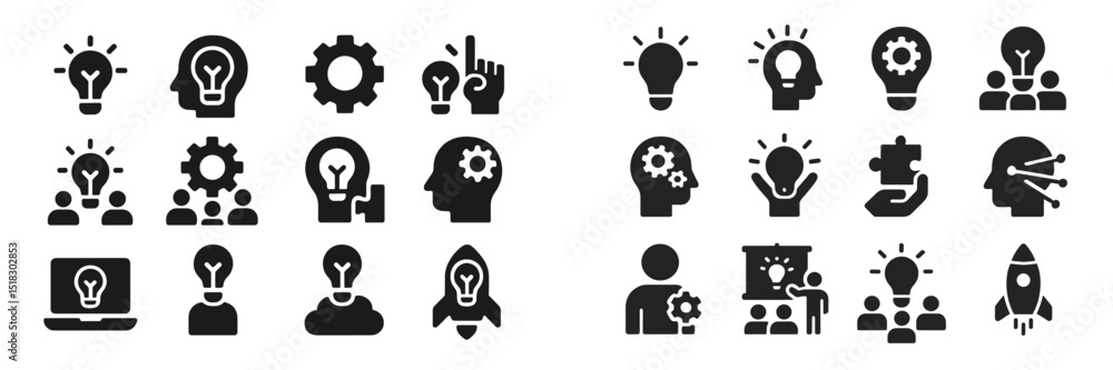 Poster creative symbols representing ideas, teamwork, innovation, and problem-solving in a streamlined desi