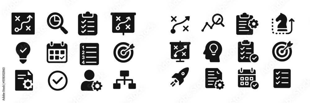 Poster visual collection of diverse icons representing planning, analysis, and strategy in a professional e