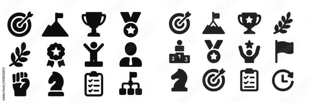 Poster symbols of achievement and success displayed in various designs representing competition and goal ac