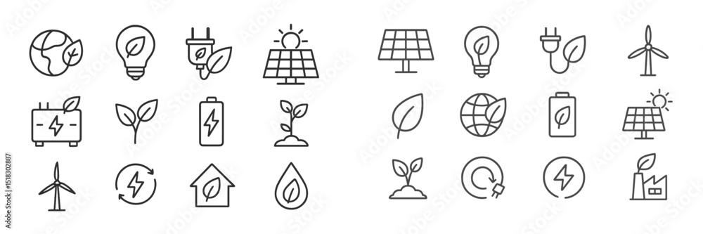 Poster variety of eco-friendly symbols representing renewable energy sources and sustainable practices in a